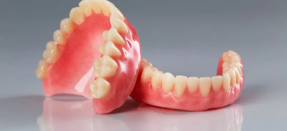 Prótese móvel dentária sobre superfície, destacando estrutura e detalhes do modelo