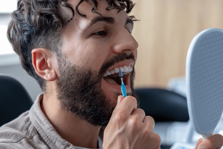 Homem usando escova interdental para higienizar os espaços entre os dentes