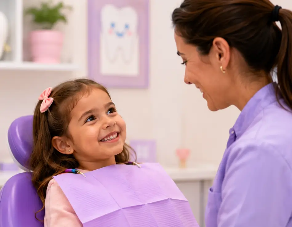 Criança sorrindo durante consulta com odontopediatra
